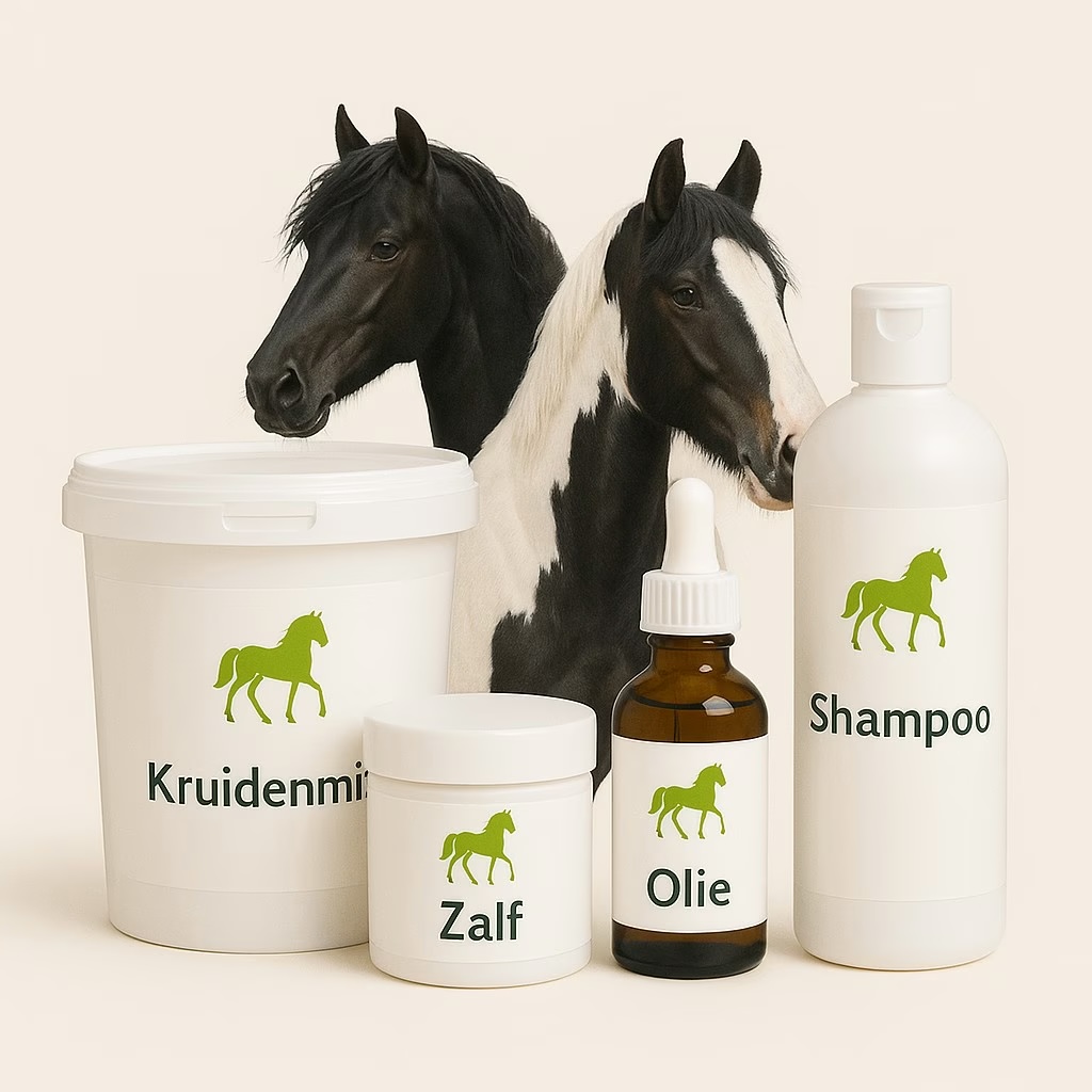Kruidenmix, zalf, olie en shampoo naast twee paarden