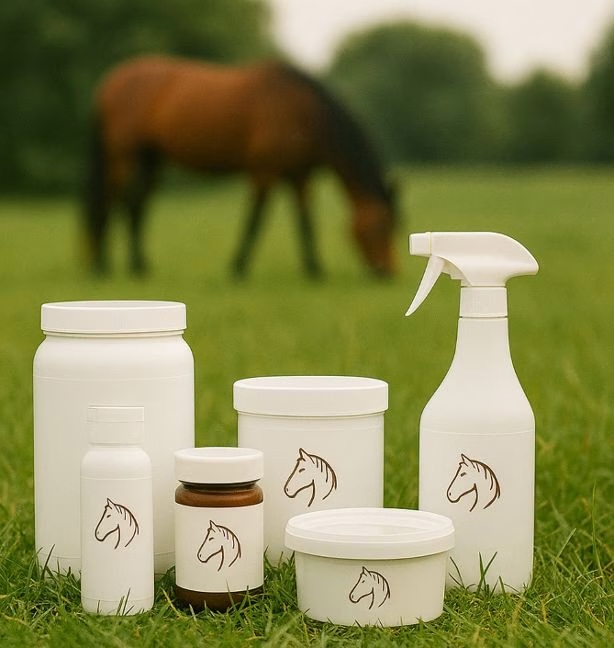 Kruidenproducten in het weiland, met een paard op de achtergrond